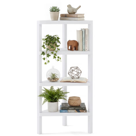 Étagère d'Angle, Bibliothèque d'Angle à 4 Niveaux avec Étagères Ouvertes à Lattes, Support pour Plantes Autoportant, 46 x 33 x 99 cm, Blanc (1/5)