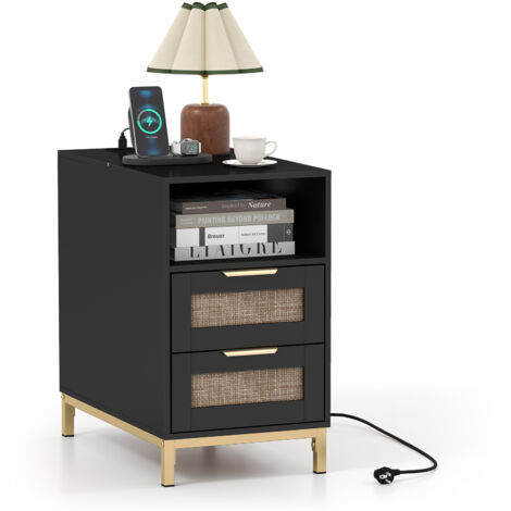 Table de Chevet en Rotin avec Prise, Chevet de Lit Étroite avec Tiroirs, Design Cannage Bohème, Étagère Ouverte, Noir (1/5)