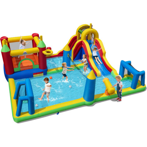 Aire de jeux gonflables - château gonflable pour enfants avec toboggan, jeux d'eau et panier de basket, souffleur 450w, multicolore