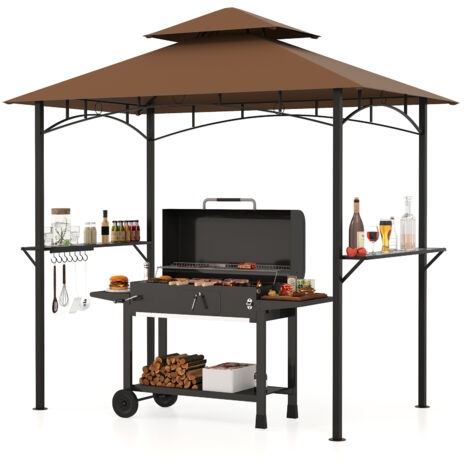 Tonnelle de Barbecue 240 x 151 cm, Abri à Double Toit pour Grill avec 2 Étagères, 7 Crochets, Structure Métallique, Auvent de Réception, Marron (1/5)