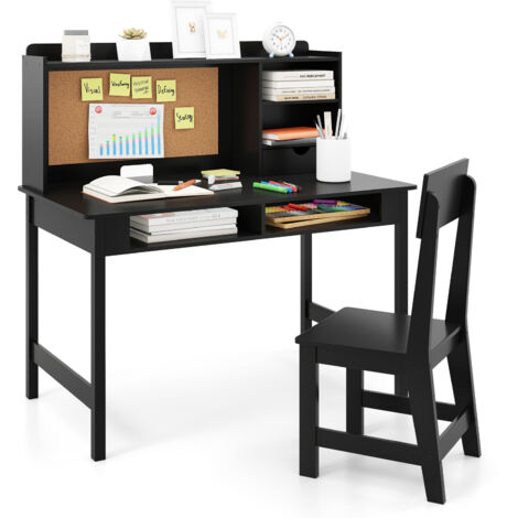 Bureau Enfant 3-6 Ans avec Chaise & Tableau d'Affichage en Liège, Table Montessori avec Étagères, Tiroir, Compartiments Ouverts, Charge 50/75kg, Noir (1/5)