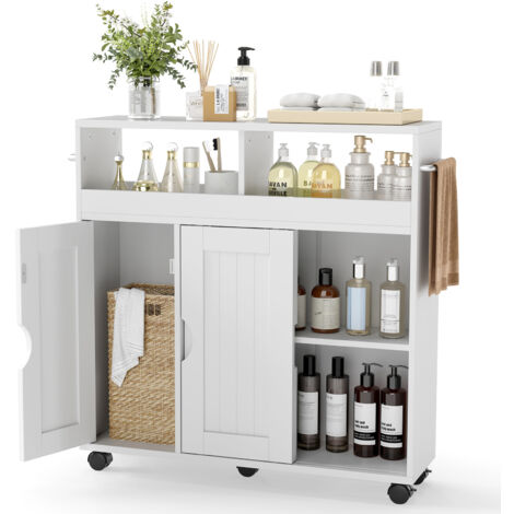 Meuble Salle de Bain sur roulettes, Porte Coulissant, Meuble WC avec Compartiments Ouverts, Étagère Ajustable & Porte-Serviettes, Chariot Étroit