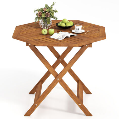 Table de Jardin Octogonale en Bois Massif, Table Exterieur Ø 90CM en Cadre X avec Trou pour Parapluie et Plateau à Lattes Spacieux, pour Balcon (1/5)