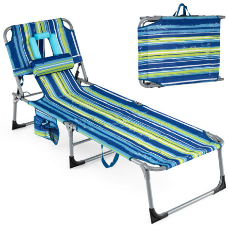 Bain de Soleil Inclinable à 5 Angles avec Trous pour Visage & Bras, Pochette et Appuie-Tête, Transat en Métal & Tissu Oxford, Charge 150KG, Bleu (1/5)