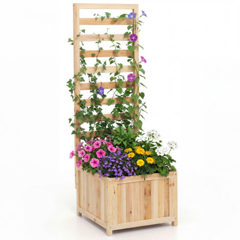 Jardinière avec Treillis en Bois 123 CM, Bac à Fleurs Surélevé pour Plante pour Vigne Fleurs avec Trou de Drainage, Lit de Jardin, Beige (1/5)