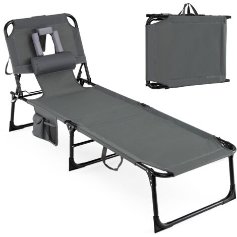 Bain de Soleil Inclinable à 5 Angles avec Trous pour Visage & Bras, Pochette et Appuie-Tête, Transat en Métal & Tissu Oxford, Charge 150KG, Gris (1/5)