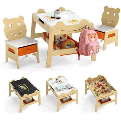 Bureau Enfant 3-10 Ans avec 2 Chaises, avec Tableau Noir/Tableau Blanc Réversible, 4 Crochets, Compartiment de Rangement et Bacs, Naturel(Style 1)