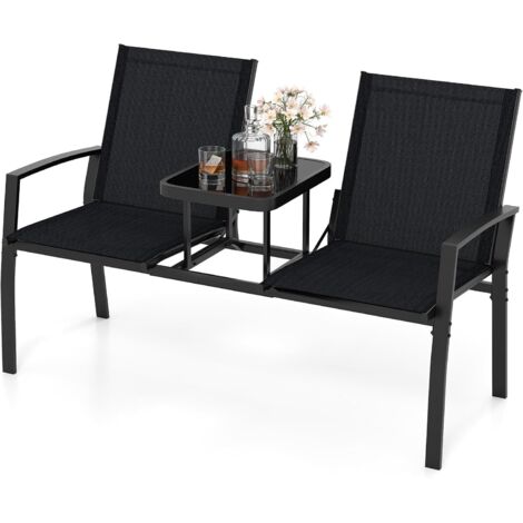 Banc Exterieur Jardin avec Table 2 Places, Dossier & Assise en Tissu Respirant, Structure en Métal, Chaque Siège Charge 180 kg, 137 x 66 x 87 cm (1/5)