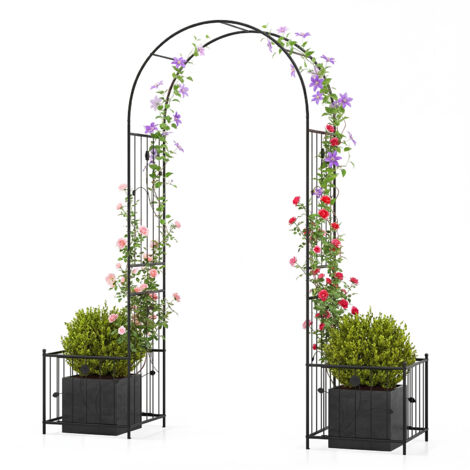 Arche de Jardin de 221 cm avec 2 Bacs Jardinière et Treillis, Pergola Extérieur avec Piquets pour Plantes Grimpantes Rosiers Vignes, Décoration