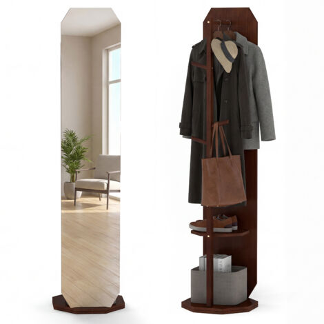 Miroir sur Pied, Miroir avec Porte-Manteau 3 en 1, Base Pivotante à 360°, 2 Étagères, 4 Crochets et 1/2/2 Barres, pour Chambre à Coucher, Vestiaire,