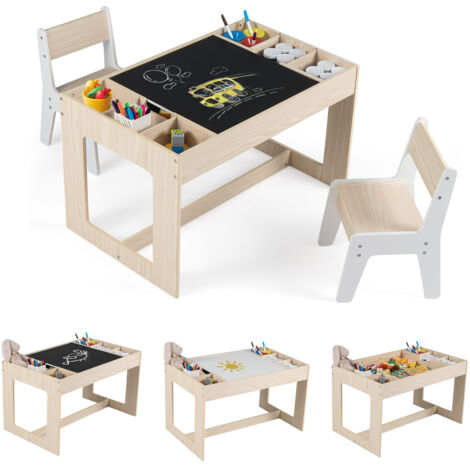 Ensemble Table et 2 Chaises pour Enfants avec Double Plateau Amovible, Tableau Noir et Blanc, Compartiments Latéraux avec Séparateurs Amovibles, Beige (1/5)