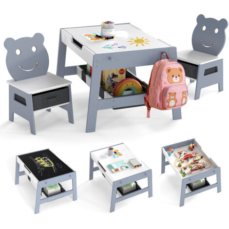 Bureau Enfant 3-10 Ans avec 2 Chaises, avec Tableau Noir/Tableau Blanc Réversible, 4 Crochets, Compartiment de Rangement et Bacs, Gris
