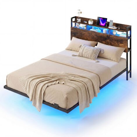 Cadre de Lit Flottant Double avec Lumières LED et Station de Recharge, Lit Plateforme Industriel en Métal avec Rangement, Sommier à Lattes, Ne