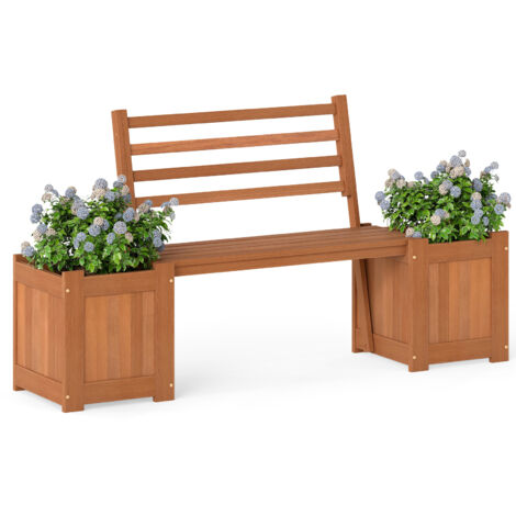 Jardinières d'Extérieur avec Banc 172 x 46,5 x 91 cm, Bac à Fleurs en Bois avec Dossier Base Ouverte et Finition à l'huile de Teck, Lit de Jardin