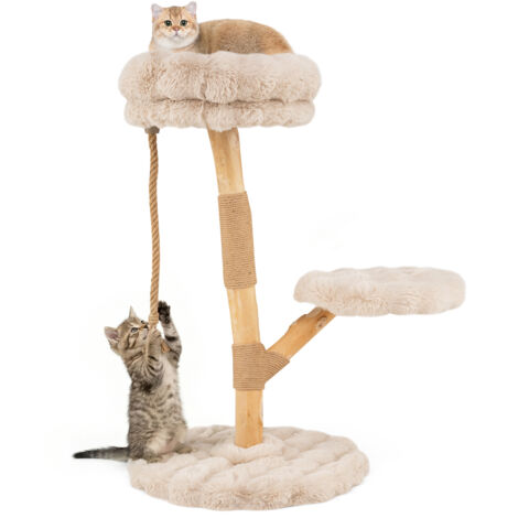 Arbre à Chat Bois de Poirier, 3 Plateformes, Poteaux à Griffer en Jute, Corde en Jute, Tissu, Tour pour Chaton à 3 Niveaux, 90 cm, Beige