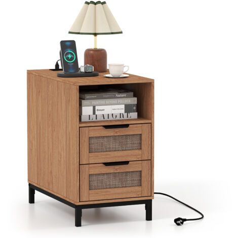 Table de Chevet en Rotin avec Prise, Chevet de Lit Étroite avec Tiroirs, Design Cannage Bohème, Étagère Ouverte, Marron (1/5)
