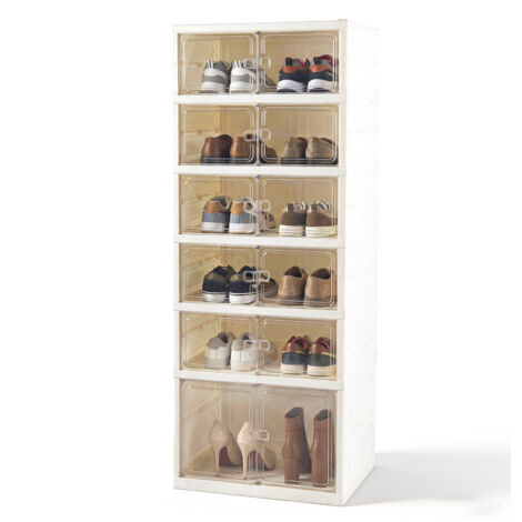 Étagère à Chaussures Pliable à 6 Niveaux, Boîtes de Rangement pour Chaussures Empilable Transparent avec Portes Magnétiques, Capacité de 12 Paires (1/5)
