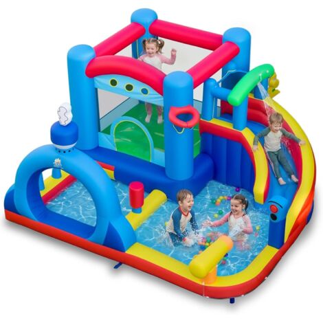 Structure Gonflable pour Enfants, Toboggan Aquatique Gonflable avec Piscine, Canon à Eau, Sac de Frappe, Jeu d’Anneaux, Jeu de Cible, Balles