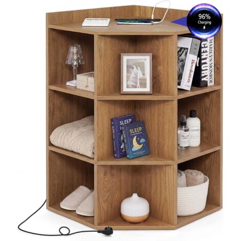 Étagère d'Angle 3 Niveaux Bibliothèque Ouverte 4 Niveaux avec Station de Charge, Port USB & Type-C, 2 Prises, 9 Compartiments, pour Salon, Naturel (1/5)