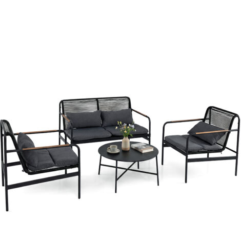 Salon de Jardin 4 Pièces, Loveseat & 2 Fauteuils avec Table Basse, Structure Métallique, Coussins, Canapé de Conversation Extérieur en Rotin PE (1/5)