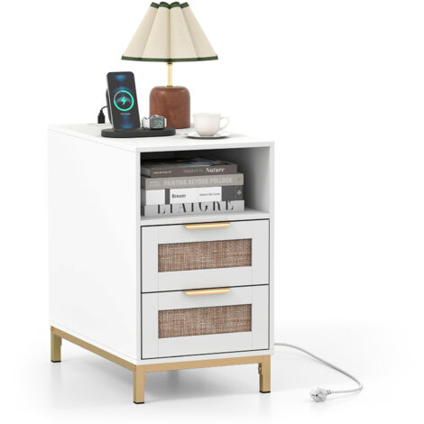 Table de Chevet en Rotin avec Prise, Chevet de Lit Étroite avec Tiroirs, Design Cannage Bohème, Étagère Ouverte, Blanc (1/5)