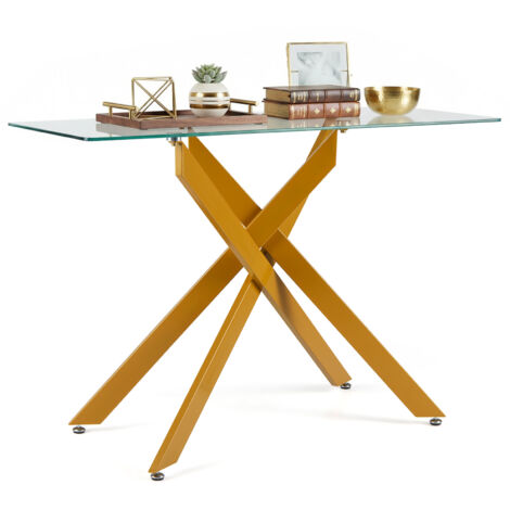 Console Meuble Verre Axis, Console Entree Transparent, Pieds Tubulaires en Métal Chromé, Design Moderne, pour Salon, Couloir, Doré (1/5)