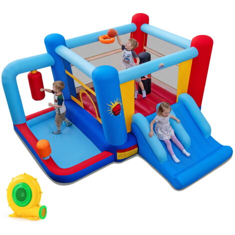 Structure Gonflable pour Enfants 3-12 Ans avec Sacs de Frappe, Piscine à Balles, Panier de Basket, Double Toboggans & Souffleur 550W