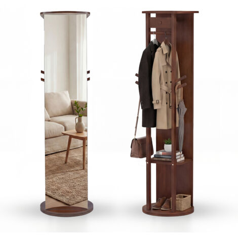Miroir sur Pied, Miroir avec Porte-Manteau 3 en 1, Base Pivotante à 360°, 2 Étagères, 4 Crochets et 1/2/2 Barres, pour Chambre à Coucher, Vestiaire,