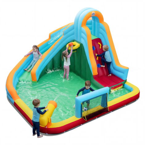 Toboggan Aquatique Gonflable avec Balles Océaniques, Football, Basketball, Mur d’Escalade, Piscine à Éclaboussures, Canon à Eau pour Enfants 3-12 Ans