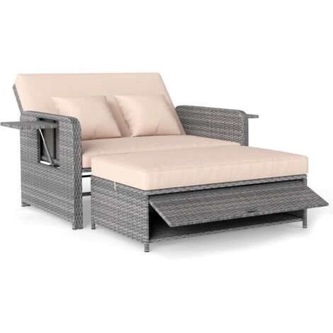 Canapé à 2 Places en Rotin avec Ottoman de Rangement et Coussins, Charge 360KG, Plateau Latéral Rétractable, Dossier Réglable 4 Positions, Gris+Beige