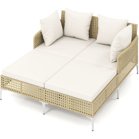 Costway – Lit double en rotin tressé – Chaise longue pour 2 avec coussins confortables – Support métallique robuste jusqu’à 360 kg – Dimensions 153 x 133 x 70 cm