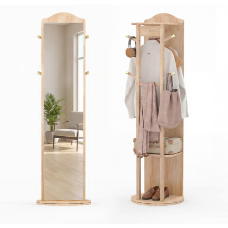 Miroir sur Pied, Miroir avec Porte-Manteau 3 en 1, Base Pivotante à 360°, 2 Étagères, 4 Crochets et 1/2/2 Barres, pour Chambre à Coucher, Vestiaire,