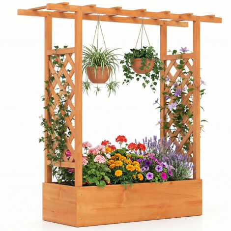 Jardinière avec 2 Treillis Latéraux Toit Suspendu en Bois d'Épicéa avec Trou de Drainage, Lit de Jardin Surélevé, 110 x 35 x 114 cm, Orange
