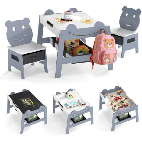 Bureau Enfant 3-10 Ans avec 2 Chaises, avec Tableau Noir/Tableau Blanc Réversible, 4 Crochets, Compartiment de Rangement et Bacs, Gris(Style 1)
