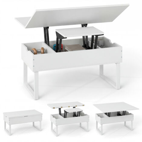 Table Basse à Plateau Relevable, Table 3-en-1 Convertible avec 3 Compartiments de Rangement Cachés, pour Salon, Bureau, Blanc (1/5)