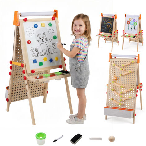 Chevalet d’Art 4-en-1 pour Enfants, Tableau Noir Double Face et Tableau Blanc Magnétique avec Rouleau de Papier, Plateau de Rangement, Parcours de (1/5)