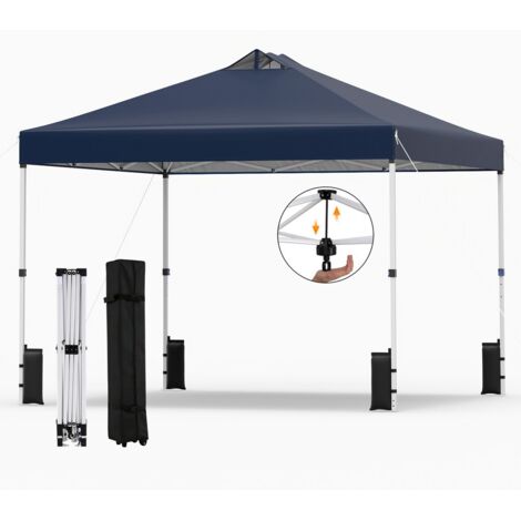 Tonnelle Pliante 3x3 m, Tonnelle de Jardin Exterieur, Montage Instantané, Toit à Revêtement Argenté, Anti UV, 4 Sacs de Sable, Sac à roulettes, Bleu