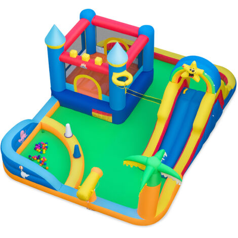 Toboggan Gonflable Aquatique, Structure Gonflable sur le Thème de Plage pour Enfants avec Mur d’Escalade, Piscine à Balles, Jeu d’Anneaux