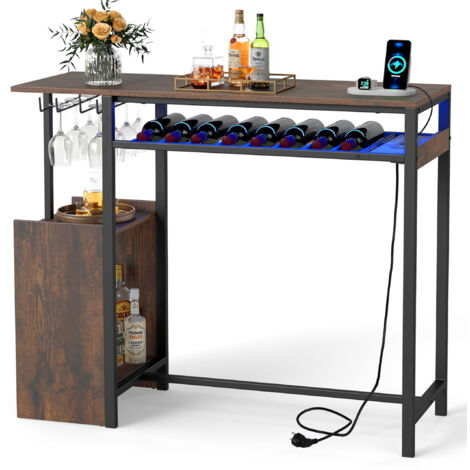 Table de Bar avec Station de Charge, Éclairage RGB, Meuble Bar Industriel avec Porte-Verres, Porte-Bouteilles, Cadre Métallique, 110 x 40 x 92 cm (1/5)