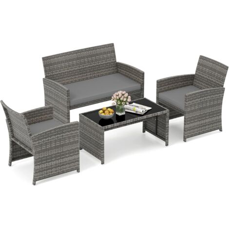 Salon de Jardin 4 Pièces en Rotin PE Charge 180-360KG, avec Coussins et Table Basse en Verre Trempé pour Patio Balcon Terrasse, Gris+Gris (1/5)
