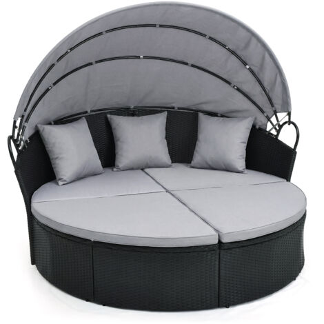 Lit de Jardin Rond en Rotin PE avec Auvent Rétractable, Coussins et Oreillers Amovibles Charge 360KG, pour Jardin Porche Bord de Piscine, Gris