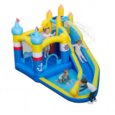 Structure Gonflable Extérieur, Parc Aquatique pour Enfants avec Bassin à Éclaboussures, Canon à Eau, Mur d’Escalade, Balles Océaniques