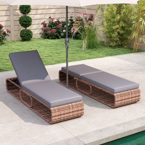 Chaise Longue d'Extérieur Inclinable à 7 Positions en Osier PE avec Dossier Réglable, Coussin et Rangement, Charge 180KG, pour Bronzer, Gris
