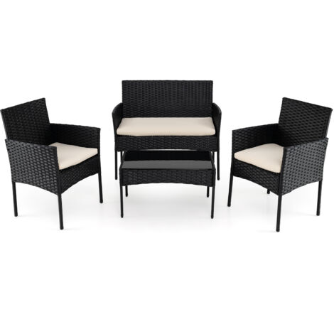 Salon de Jardin Extérieur en Résine 4 Pièces, avec 2 Fauteuils, 1 Canapé 2 Places et Table Basse Plateau en Verre Trempé, Coussins Amovibles, Beige (1/4)
