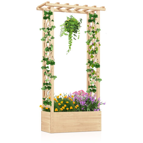 Jardinière avec Treillis Toit Suspendu en Bois avec Trou de Drainage, Lit de Jardin Surélevé pour Plante Grimpante, Beige (1/5)