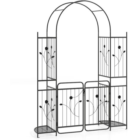Arche de Jardin 220 cm avec Portail, Étagères Treillis pour Plante Grimpante ou Vignes, Arceau à Rosiers en Métal avec Piquets