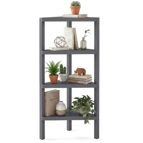 Étagère d'Angle, Bibliothèque d'Angle à 4 Niveaux avec Étagères Ouvertes à Lattes, Support pour Plantes Autoportant, 46 x 33 x 99 cm, Gris (1/5)