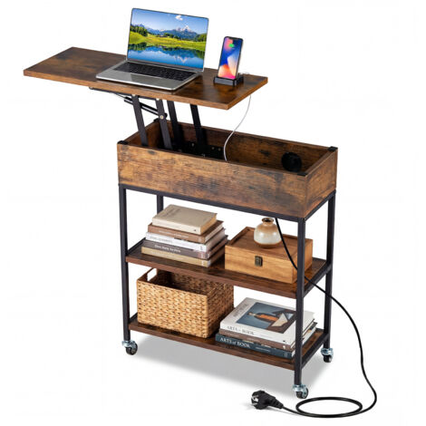 Table d'Appoint Relevable avec Prise, Table a Lit Roulante 2 Niveaux, Port USB Type-C,Compartiment Caché, Bout de Canape Mobile pour Salon, Chambre