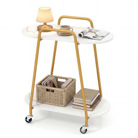 Table d'Appoint à 2 Niveaux, Bout de Canapé avec Roulettes, Plateau en Marbre Synthétique, Structure Métallique, pour Petits Espaces, Chambre, Salon (1/5)