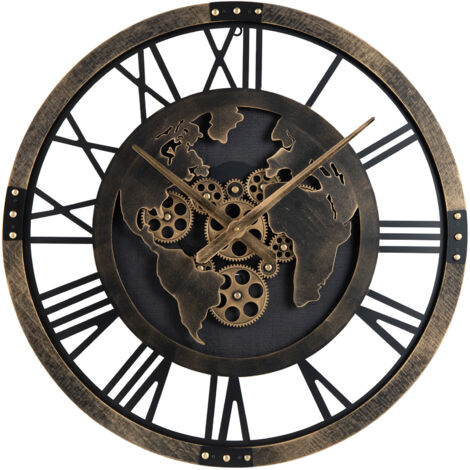 Horloge Murale Vintage 68 CM, Motif Carte du Monde, Horloge Métallique Décorative Sans Tic-Tac avec Engrenages Mobiles, pour Salon, Chambre, Marron (1/5)